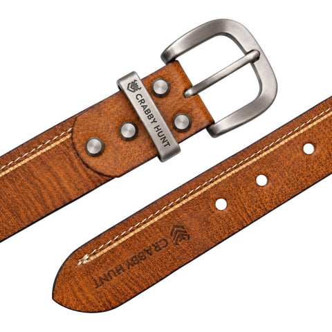 Crabby Hunt Premium Tan Leather Belt with Contrast Side Stitching & Grey Round Buckle