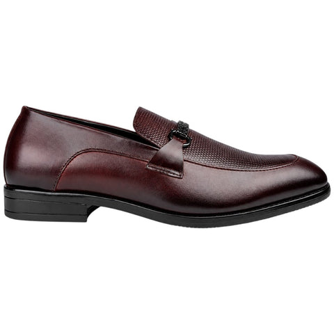 Men’s Wine Leather Textured Loafers – Metal-Detail Formal Slip-Ons