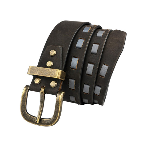 CRABBY HUNT Vintage Genuine Leather Belt for Men | Black Leather Belt with Antique Brass Buckle