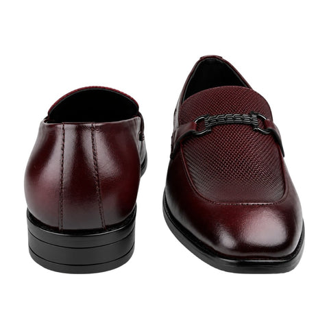 Men’s Wine Leather Textured Loafers – Metal-Detail Formal Slip-Ons