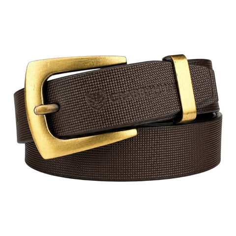 Crabby Hunt Premium Brown Leather Belt with Square Grid Texture & Golden Buckle | Formal & Casual Men's Belt