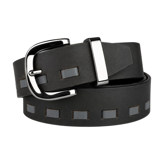 CRABBY HUNT Genuine Leather Belt for Men | Black Casual Belt with Cutout Design & Polished Metal Buckle