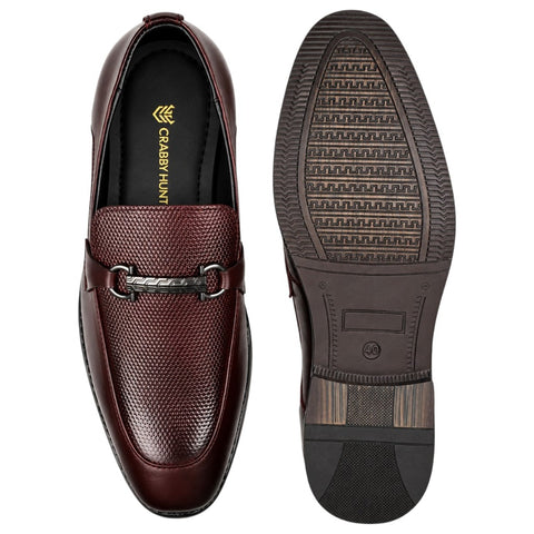 Men’s Wine Leather Textured Loafers – Metal-Detail Formal Slip-Ons