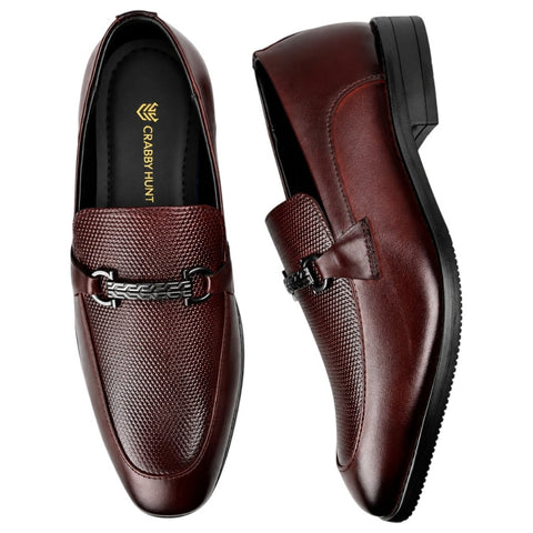 Men’s Wine Leather Textured Loafers – Metal-Detail Formal Slip-Ons
