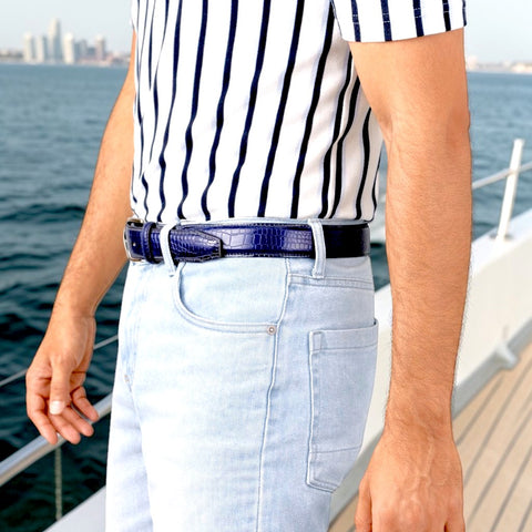 Crabby Hunt Blue Croco Textured Belt for Men – Premium Leather Belt