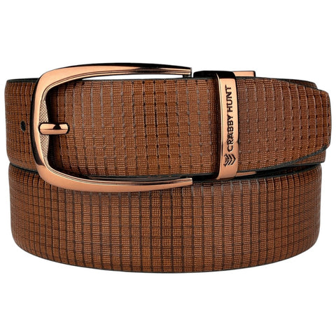 Men’s Genuine Leather Belt | Premium Textured Brown Belt with Rose Gold Buckle | Formal & Casual Wear