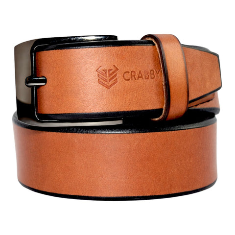 Crabby Hunt Men’s Brown Leather Belt with Black Metal Buckle