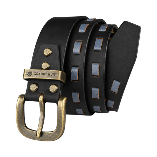 CRABBY HUNT Vintage Genuine Leather Belt for Men | Black Leather Belt with Antique Brass Buckle