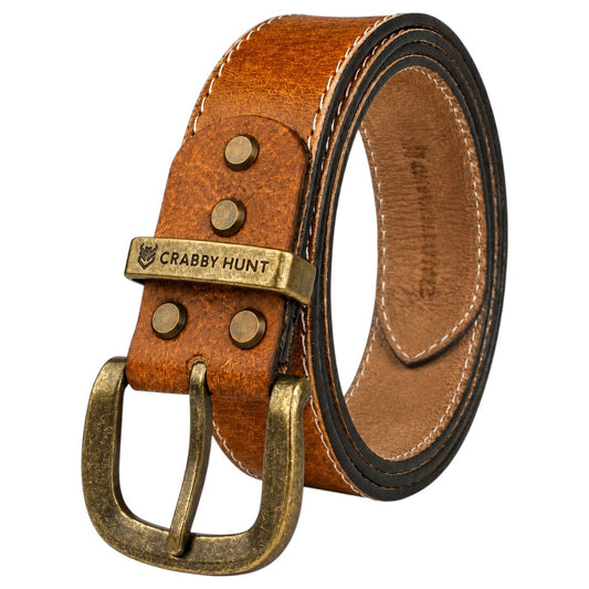 Crabby Hunt Tan Genuine Leather Belt for Men with Side Stitching