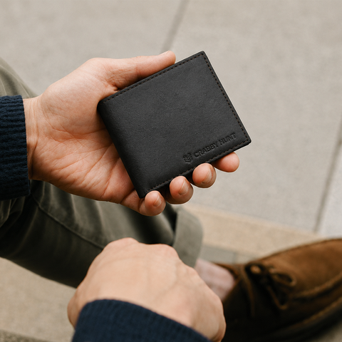CRABBY HUNT Premium Black Leather Wallet for Men | Classic Bi-Fold Design
