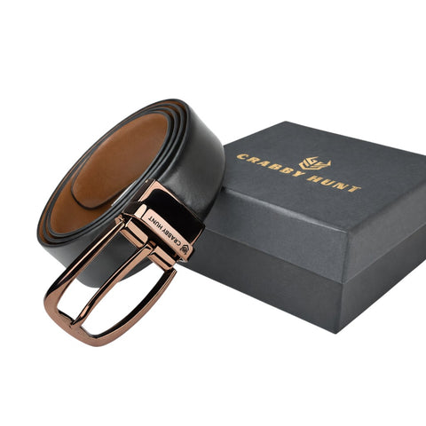 Crabby Hunt Men’s Reversible Leather Belt with Metro Choco Gold Buckle