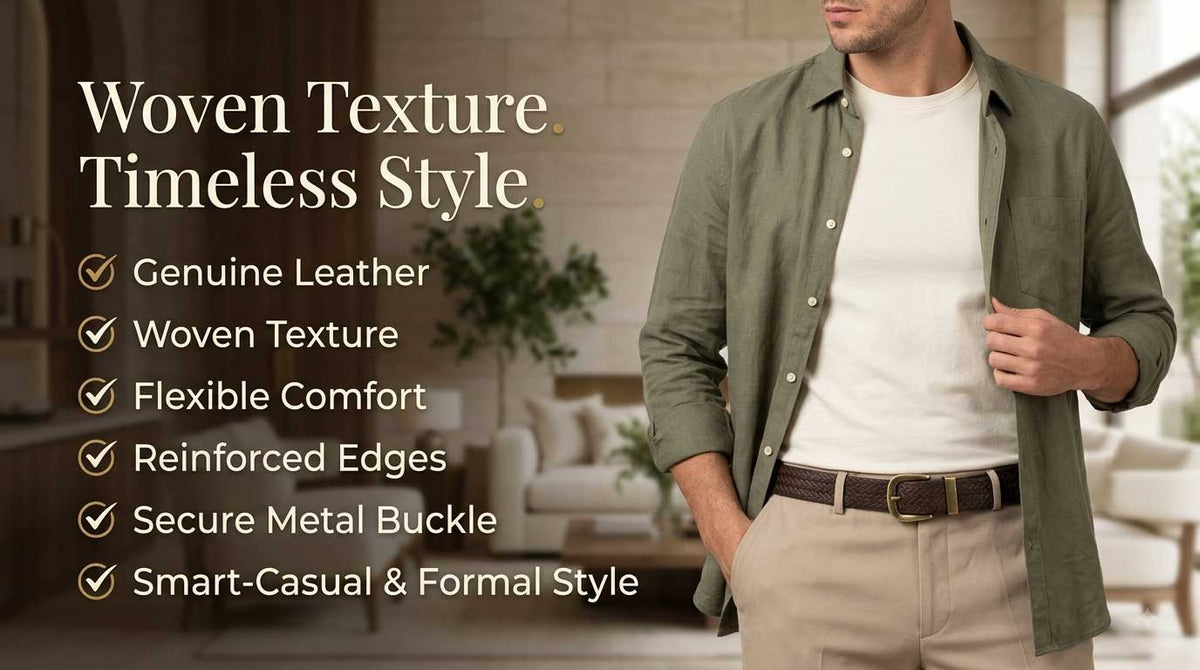 Crabby Hunt Brown Woven Pattern Leather Belt for Men – Genuine Leather, Elegant Texture, Stylish & Long-Lasting