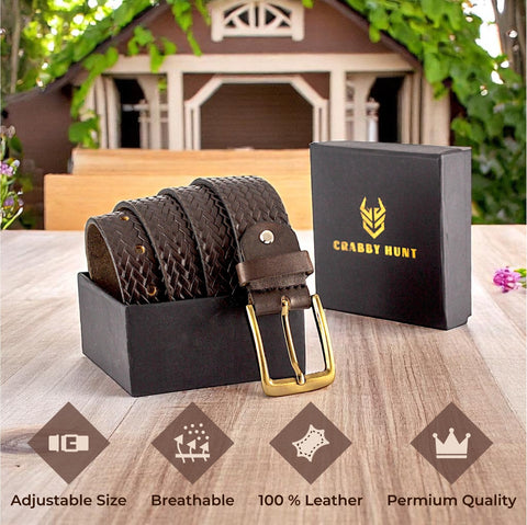 Crabby Hunt Brown Woven Pattern Leather Belt for Men – Genuine Leather, Elegant Texture, Stylish & Long-Lasting