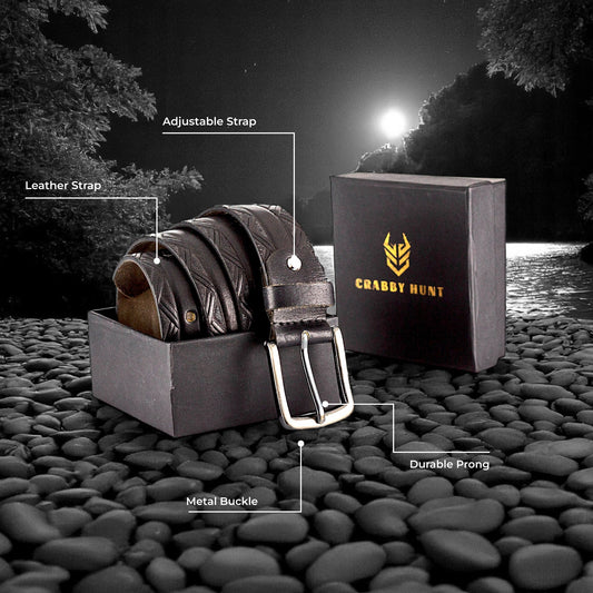 Crabby Hunt Black Patterned Genuine Leather Belt for Men – Premium Quality, Artistic Design, Durable & Sophisticated