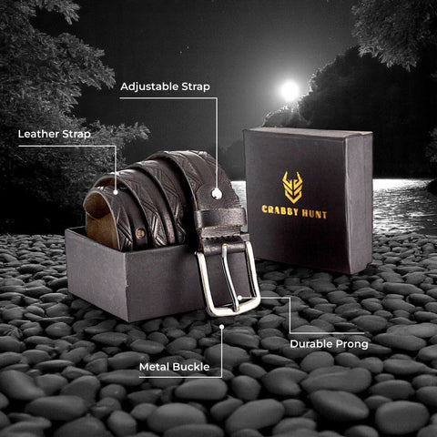 Crabby Hunt Black Patterned Genuine Leather Belt for Men – Premium Quality, Artistic Design, Durable & Sophisticated