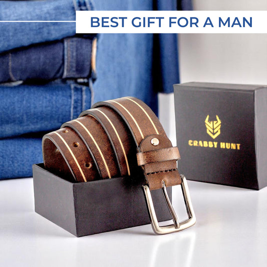Crabby Hunt Brown Genuine Leather Belt for Men – Premium Quality, Dual Stripe Design, Durable & Stylish