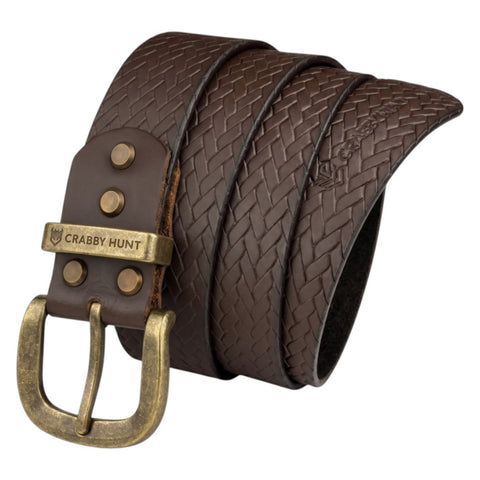 Crabby Hunt Brown Woven Pattern Leather Belt for Men – Genuine Leather, Elegant Texture, Stylish & Long-Lasting