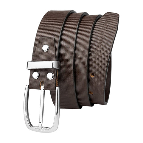 Crabby Hunt Men's Brown Leather Belt with Square Grid Texture & Gunmetal Round Buckle