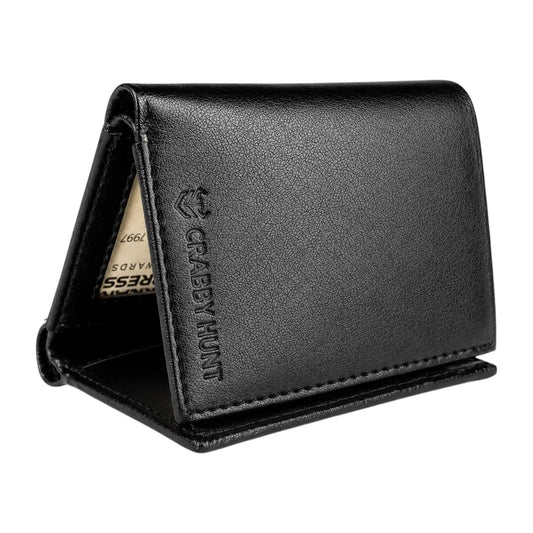 CRABBY HUNT Genuine Leather Tri-Fold Wallet for Men | Wallet with ID Window, Coin Pocket & Card Slots – Black
