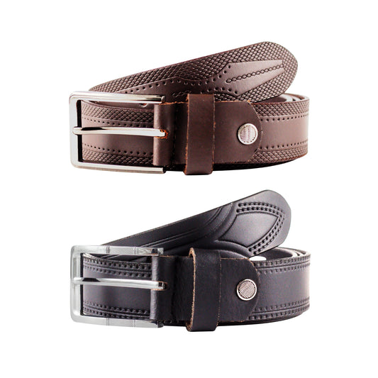 Men’s Textured Leather Belt Combo – Black & Brown with Premium Metal Buckles