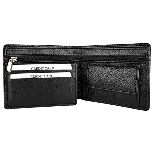 Crabby Hunt Men’s Black Leather Wallet | Bifold Horizontal Zip | Slim Card Holder