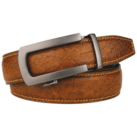 Crabby Hunt Men's Genuine Leather Auto Lock Belt – Python Texture Brown | Grey Ratchet Buckle | 35mm Formal Belt