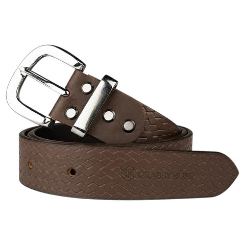 CRABBY HUNT Textured Genuine Leather Belt for Men | Premium Woven Pattern Casual Belt with Metal Pin Buckle – Brown