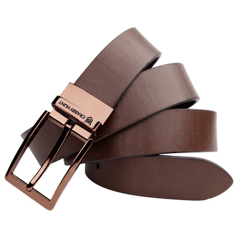 Men's Genuine Leather Belt | Textured Brown Leather Belt with Rose Gold Buckle | Crabby Hunt