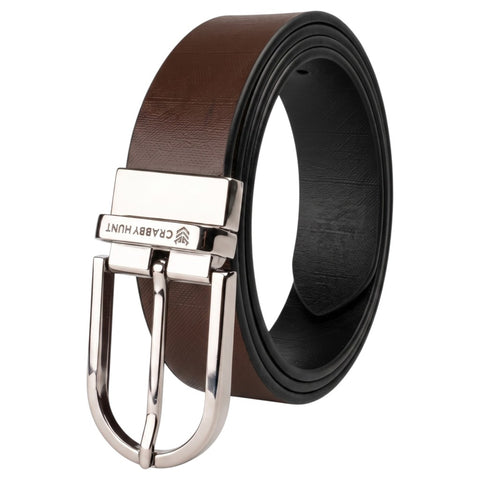 Crabby Hunt Men's Reversible Italian Leather Belt | Black & Brown Dual Color | Premium Silver Pin Buckle | Genuine Leather Belt for Men | 35 mm