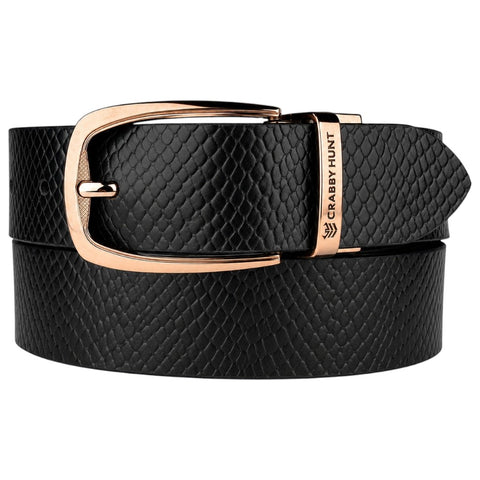 Crabby Hunt Men's Reversible Italian Leather Belt | Black & Brown Snake Texture | Premium Rose Gold Pin Buckle | Genuine Leather Belt for Men