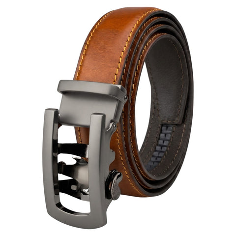 Crabby Hunt Men's Genuine Leather Auto Lock Belt – Choco Brown | Grey Ratchet Buckle | 35mm Formal Belt