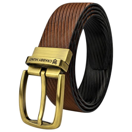 Crabby Hunt Men’s Reversible Genuine Leather Belt – Black & Brown Linear Texture with Antique Gold Buckle