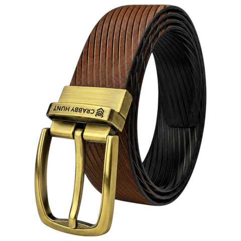 Crabby Hunt Men’s Reversible Genuine Leather Belt – Black & Brown Linear Texture with Antique Gold Buckle