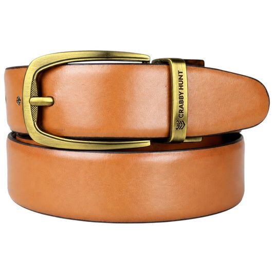 Crabby Hunt Men’s Reversible Genuine Leather Belt – Black & Tan Brown Smooth Finish with Antique Gold Buckle