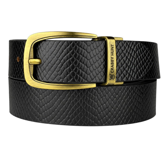 Crabby Hunt Men’s Reversible Genuine Leather Belt – Black & Brown Snake Texture with Antique Gold Buckle