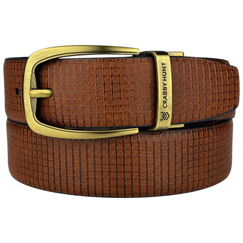 Crabby Hunt Men’s Reversible Genuine Leather Belt – Black & Tan Grid Texture with Antique Gold Buckle