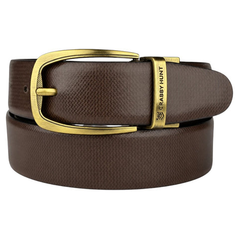 Men’s Brown & Black Reversible Genuine Leather Belt – Textured Formal Belt with Antique Gold Buckle