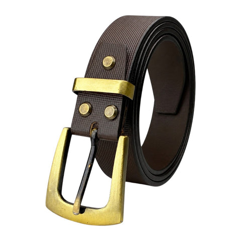 Crabby Hunt Premium Brown Leather Belt with Square Grid Texture & Golden Buckle | Formal & Casual Men's Belt