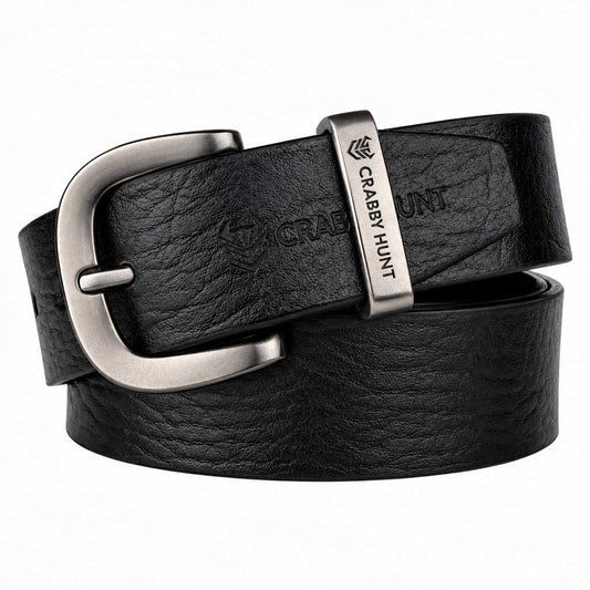 Crabby Hunt Premium Apollo Black Genuine Leather Belt with Grey Round Buckle