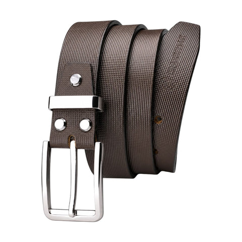 Carbby Hunt Men's Genuine Leather Belt – Brown Square Grid Texture with Silver Buckle | Formal & Casual Wear