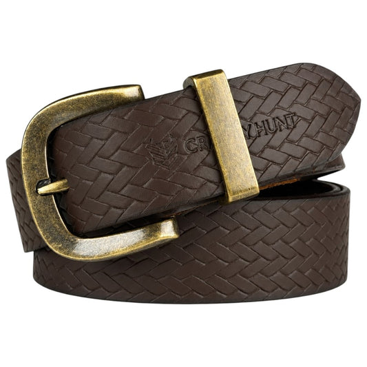 Crabby Hunt Brown Woven Pattern Leather Belt for Men – Genuine Leather, Elegant Texture, Stylish & Long-Lasting