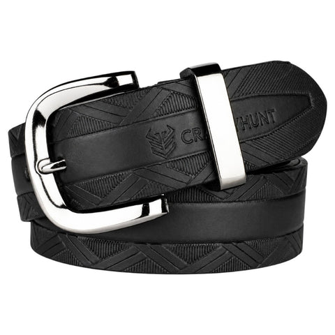 Crabby Hunt Black Patterned Genuine Leather Belt for Men – Premium Quality, Artistic Design, Durable & Sophisticated