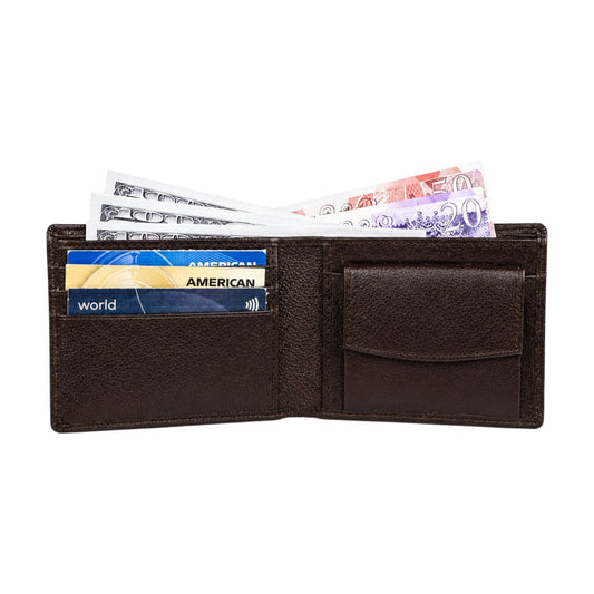 Men’s Classic Leather Wallet & Belt Set – Dark Brown Bi-Fold Wallet with Mild Silver Buckle Belt | Timeless Edition