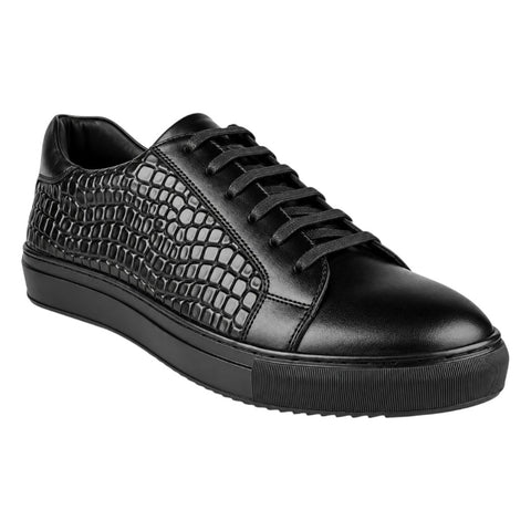 Crabby Hunt Men’s Black Textured Lace-Up Sneakers – Croc Pattern Casual Shoes with Platform Sole