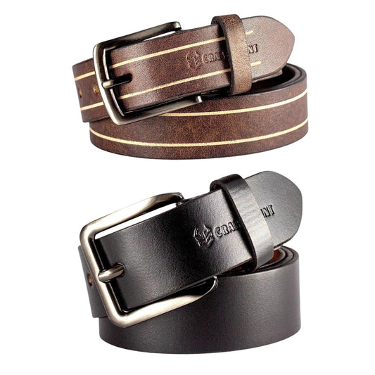 Men’s Genuine Leather Belt Combo – Classic Black & Brown Striped Belts with Durable Metal Buckles (Set of 2)