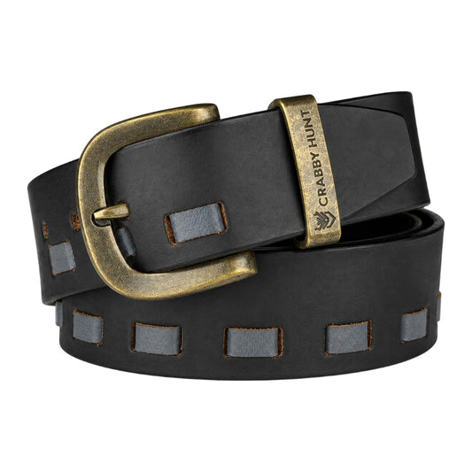 CRABBY HUNT Vintage Genuine Leather Belt for Men | Black Leather Belt with Antique Brass Buckle