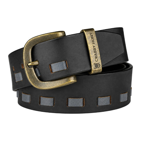 CRABBY HUNT Vintage Genuine Leather Belt for Men | Black Leather Belt with Antique Brass Buckle
