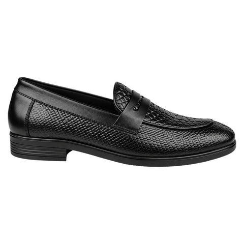 Crabby Hunt Men’s Black Textured Penny Loafers – Snake Pattern Formal Slip-On Shoes