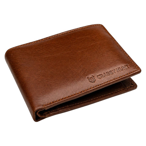 CRABBY HUNT Genuine Leather Wallet for Men | Brown Bifold Wallet with Coin Pocket & Card Slots