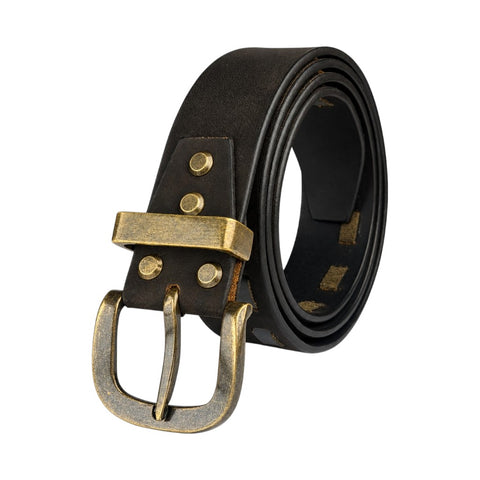 CRABBY HUNT Vintage Genuine Leather Belt for Men | Black Leather Belt with Antique Brass Buckle